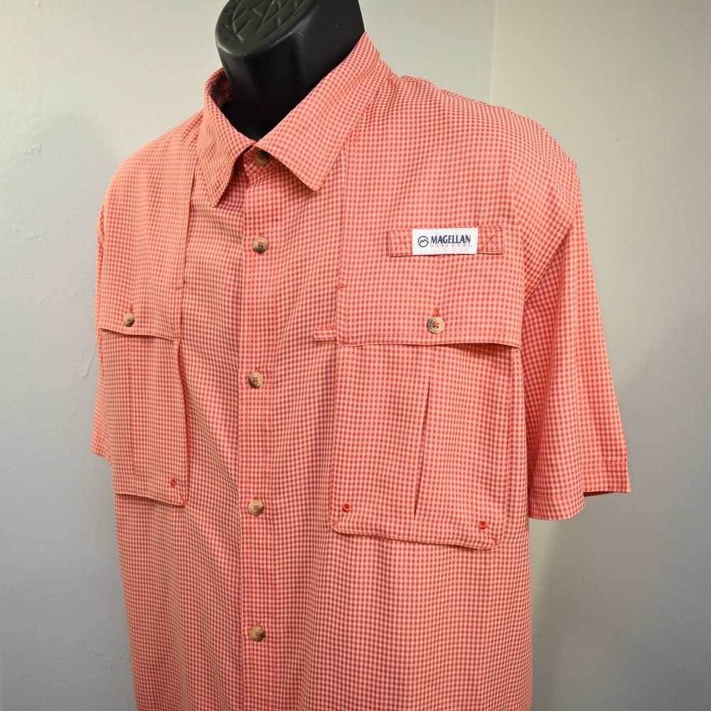 Magellan Vented Fishing Shirt Mens Size 3XL Orange Plaid Angler Fit Short Sleeve